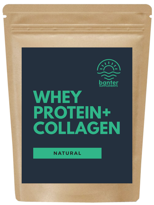 A pouch of banter Supplements Whey Protein + Collagen in natural flavor, with branding and product information displayed on the front.
