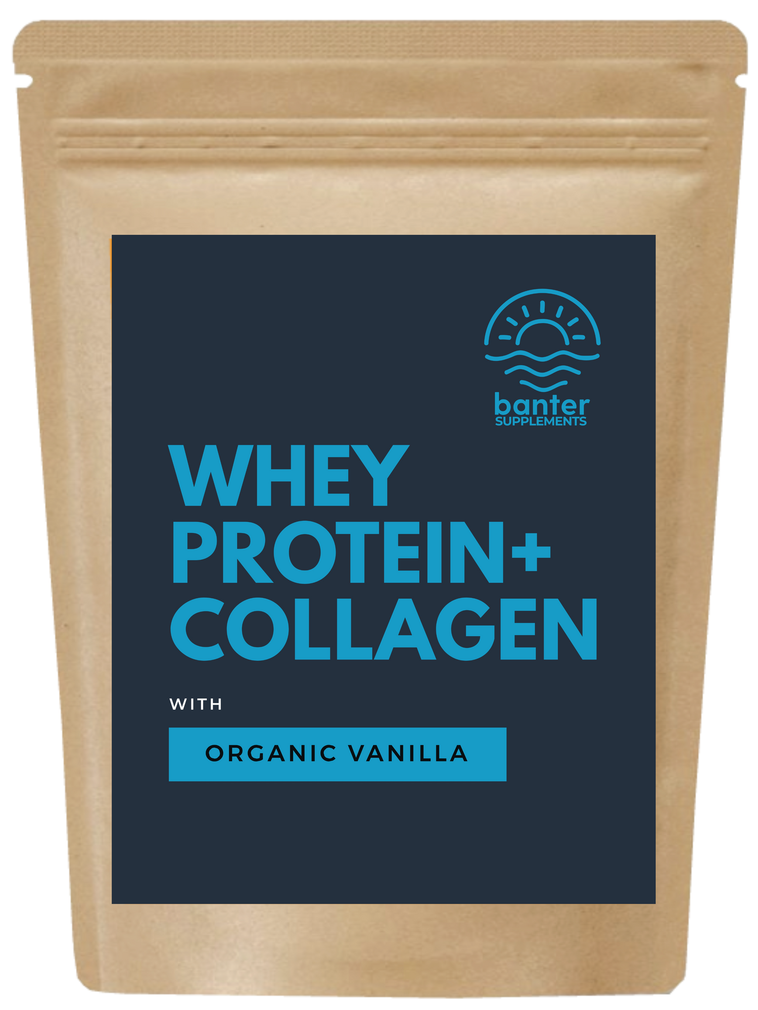 A pouch of banter Supplements Whey Protein + Collagen with the flavor Organic Vanilla.