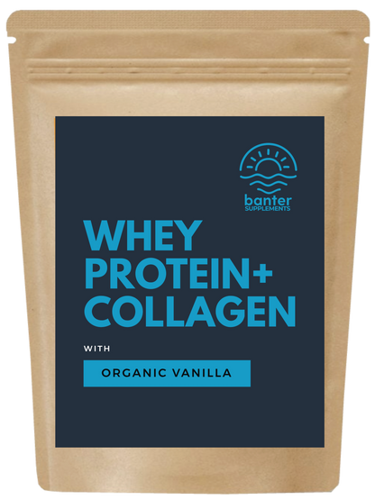 A pouch of banter Supplements Whey Protein + Collagen with the flavor Organic Vanilla.