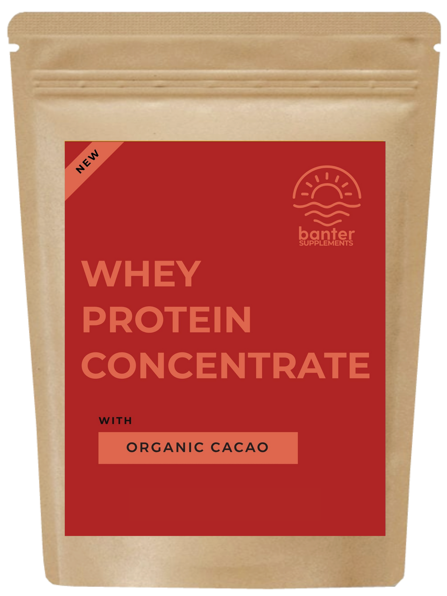 A pouch of Banter brand Whey Protein Concentrate with Organic Cacao, packaging is predominantly red and yellow with text and brand logo.