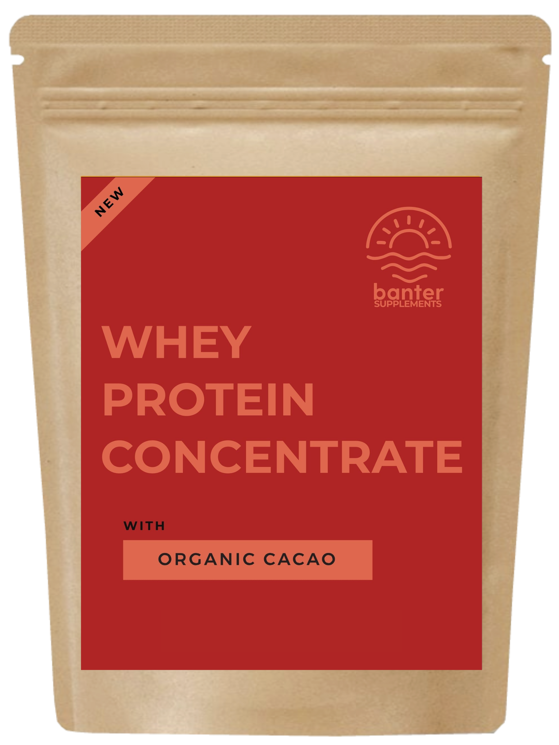 A pouch of Banter brand Whey Protein Concentrate with Organic Cacao, packaging is predominantly red and yellow with text and brand logo.