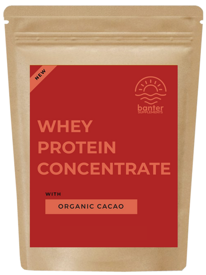 A pouch of Banter brand Whey Protein Concentrate with Organic Cacao, packaging is predominantly red and yellow with text and brand logo.