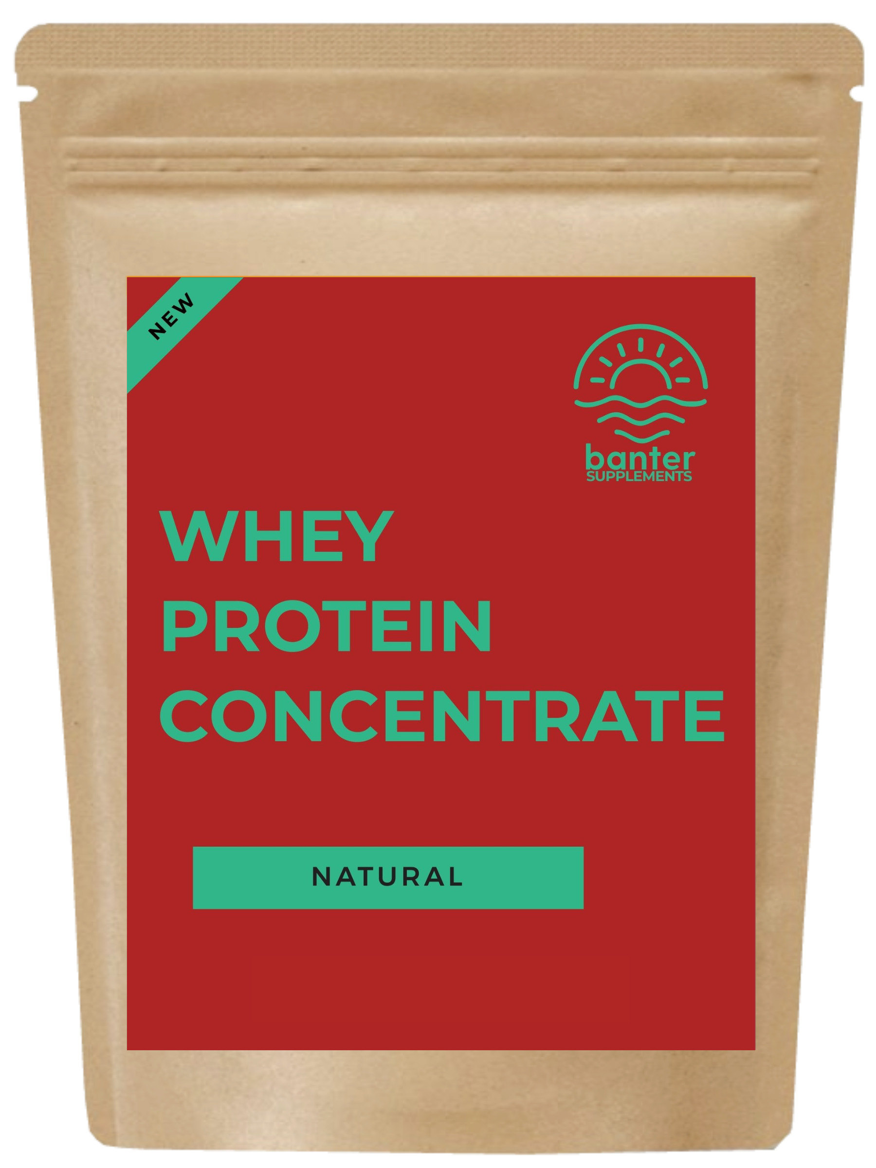 A pouch of Banter brand WPC - NATURAL (UNFLAVOURED) WHEY PROTEIN CONCENTRATE with a red label, indicating it is a natural, vegan-friendly protein supplement.
