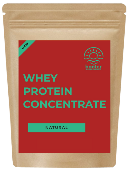 A pouch of Banter brand WPC - NATURAL (UNFLAVOURED) WHEY PROTEIN CONCENTRATE with a red label, indicating it is a natural, vegan-friendly protein supplement.