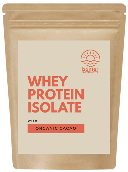 A package of 'WHEY PROTEIN ISOLATE with ORGANIC CACAO' by Banter Supplements. The packaging is beige with red and white text, and the brand logo is at the top.