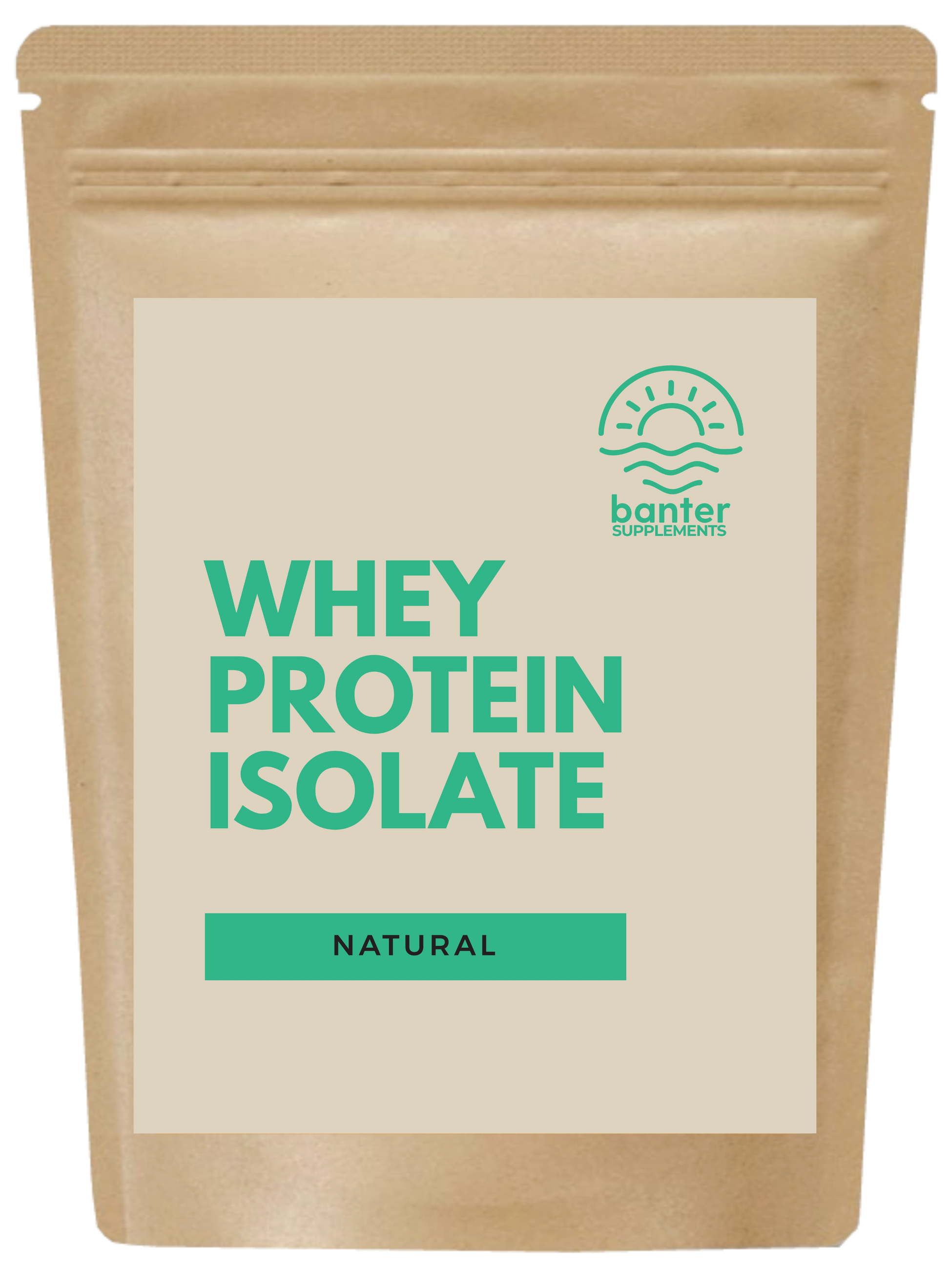 A pouch of banter Supplements Whey Protein Isolate, unflavored, with a label indicating it is natural.