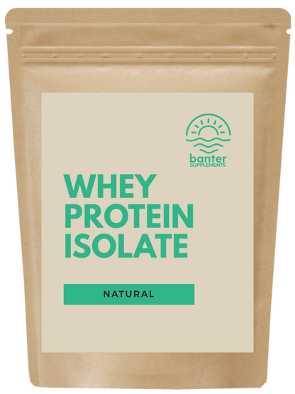 A pouch of banter Supplements Whey Protein Isolate, unflavored, with a label indicating it is natural.