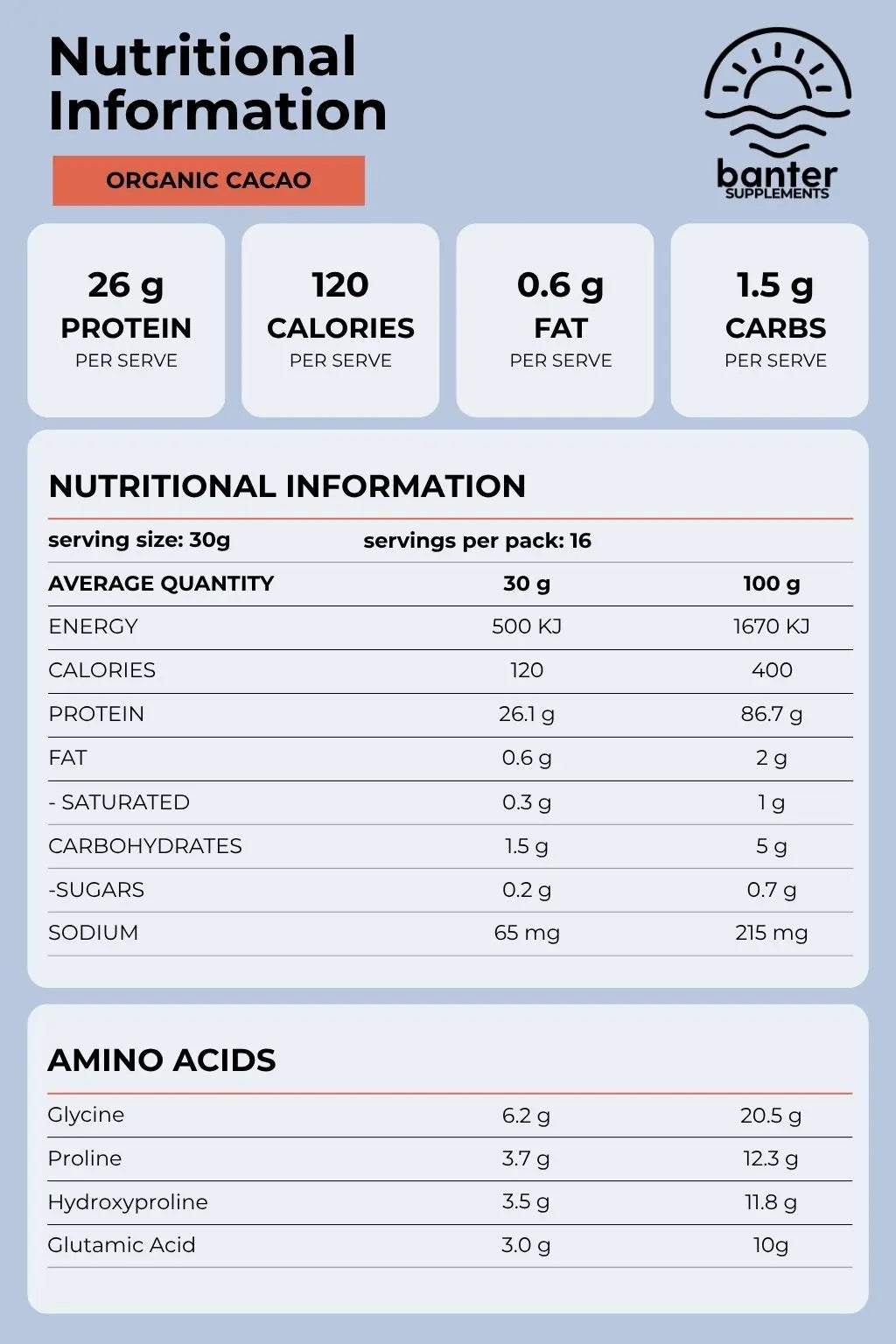 Nutrition information and amino acid profile for Banter Supplements Collagen Protein Organic Vanilla, including 26g protein per serve.