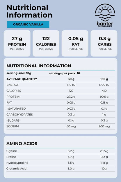 Nutrition information and amino acid profile for Banter Supplements Collagen Protein Organic Vanilla, including 27g protein per serve.