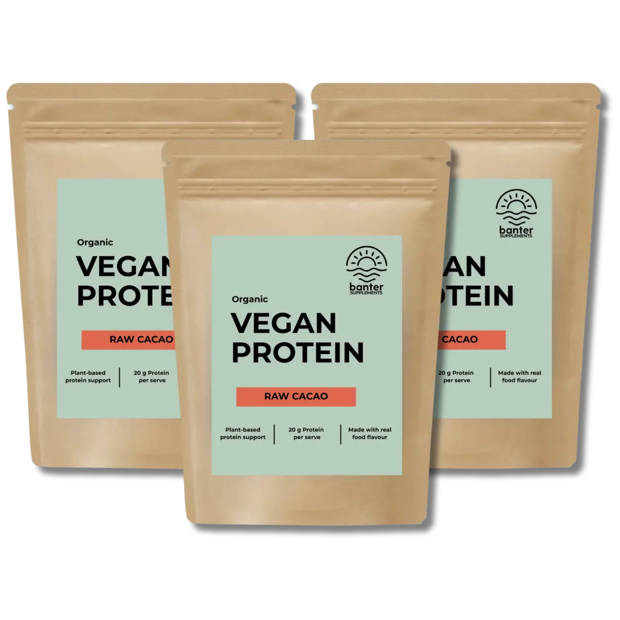 Banter Supplements Organic Vegan Protein Raw Cacao 3 x 1kg bundle made with premium plant-based hemp protein and organic raw cacao.