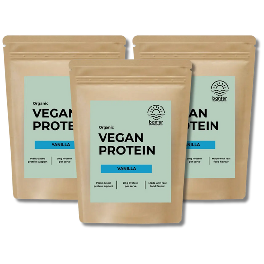 Banter Supplements Organic Vegan Protein Vanilla 3 x 1kg bundle made with premium hemp plant-based protein and real vanilla flavour.