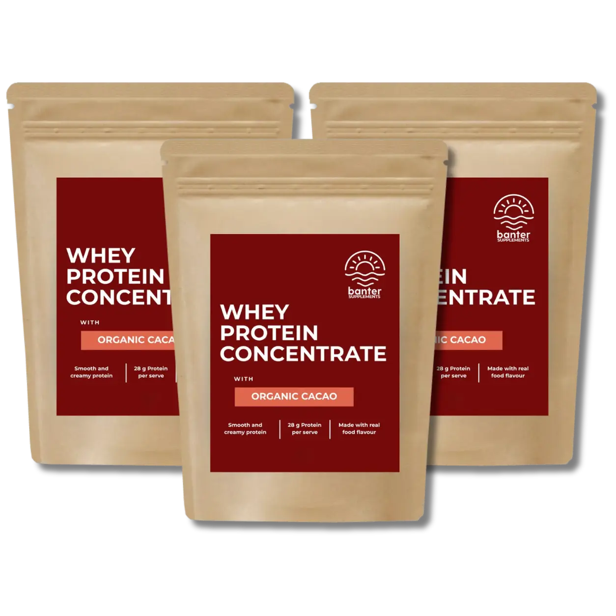 Banter Supplements Whey Protein Concentrate Organic Cinnamon 3 x 1kg bundle smooth and creamy whey protein made with real organic cacao.