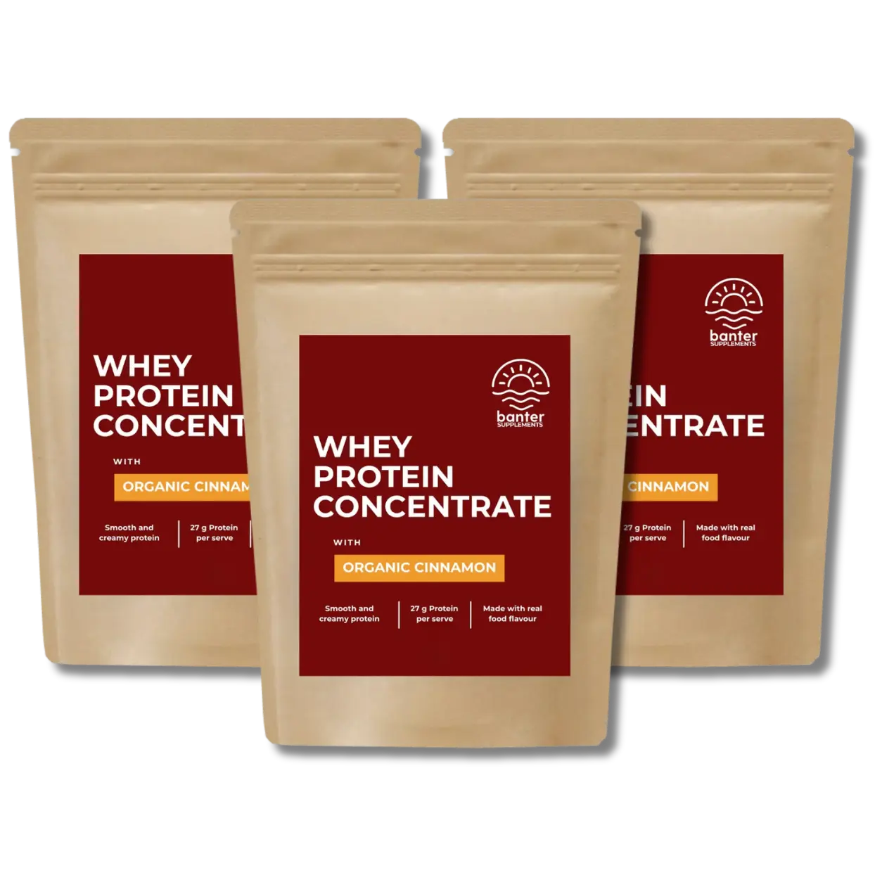 Banter Supplements Whey Protein Concentrate Organic Cinnamon 3 x 1kg bundle smooth and creamy whey protein made with real organic cinnamon.