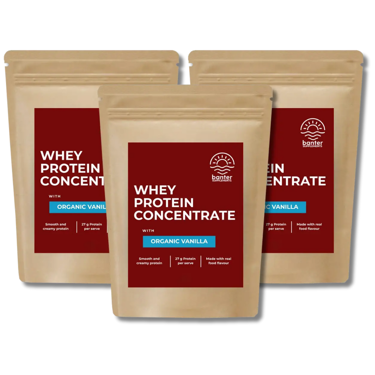 Banter Supplements Whey Protein Concentrate Organic Cinnamon 3 x 1kg bundle smooth and creamy whey protein made with real organic vanilla