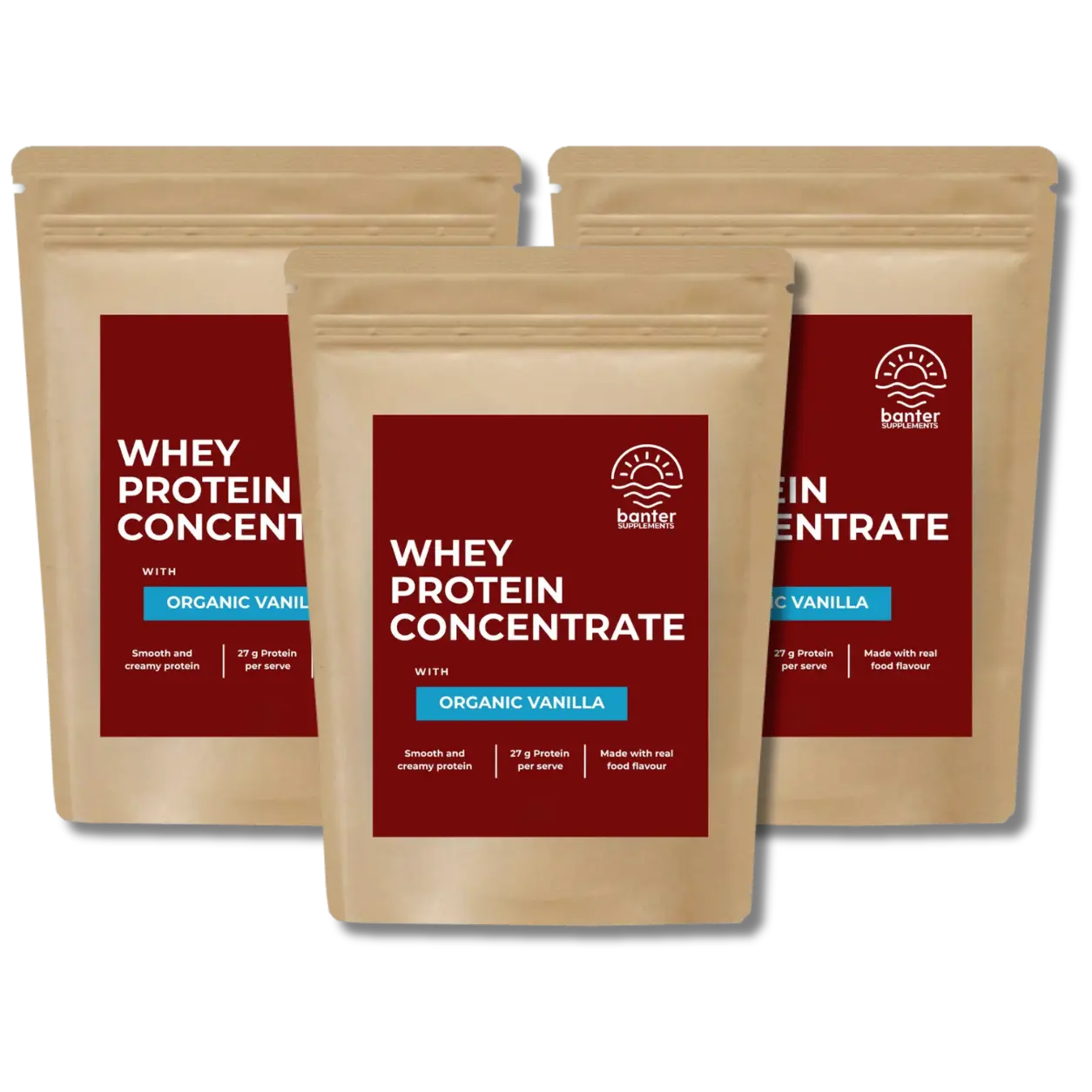 Banter Supplements Whey Protein Concentrate Organic Cinnamon 3 x 1kg bundle smooth and creamy whey protein made with real organic vanilla