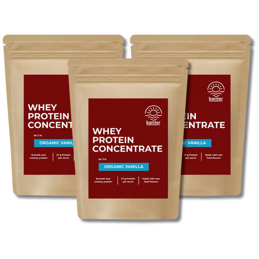 Banter Supplements Whey Protein Concentrate Organic Cinnamon 3 x 1kg bundle smooth and creamy whey protein made with real organic vanilla