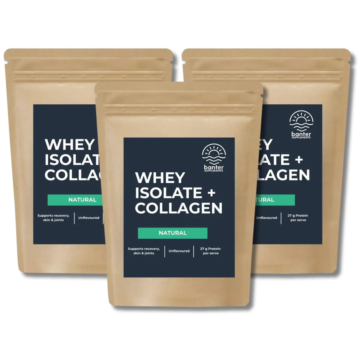 Banter Supplements Whey Isolate + Collagen Natural Unflavoured 3 x 1kg protein bundle with premium whey protein isolate and collagen peptides to help with recovery, skin and joints.