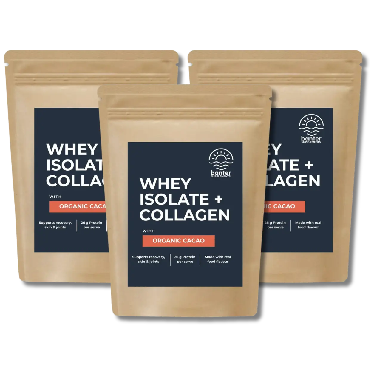 Banter Supplements Whey Isolate + Collagen Organic Cacao 3 x 1kg protein bundle made with real organic cacao and collagen peptides to help with recovery, skin and join.