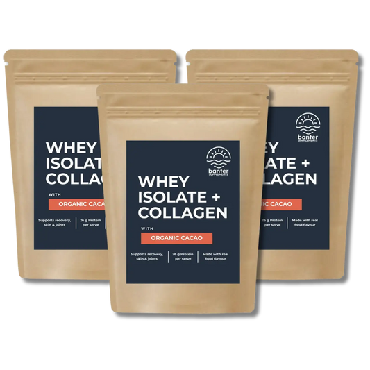 Banter Supplements Whey Isolate + Collagen Organic Cacao 3 x 1kg protein bundle made with real organic cacao and collagen peptides to help with recovery, skin and join.