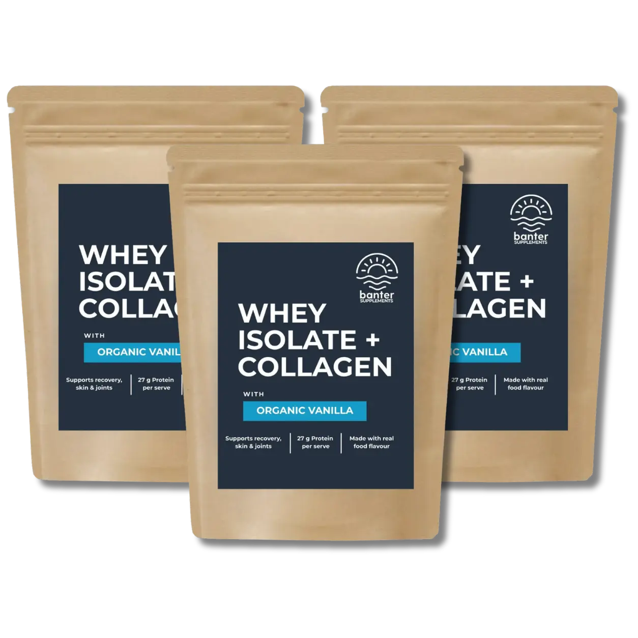 Banter Supplements Whey Isolate + Collagen Organic Vanilla 3 x 1kg protein bundle made with real organic vanilla flavour and collagen peptides to help with recovery, skin and joints.