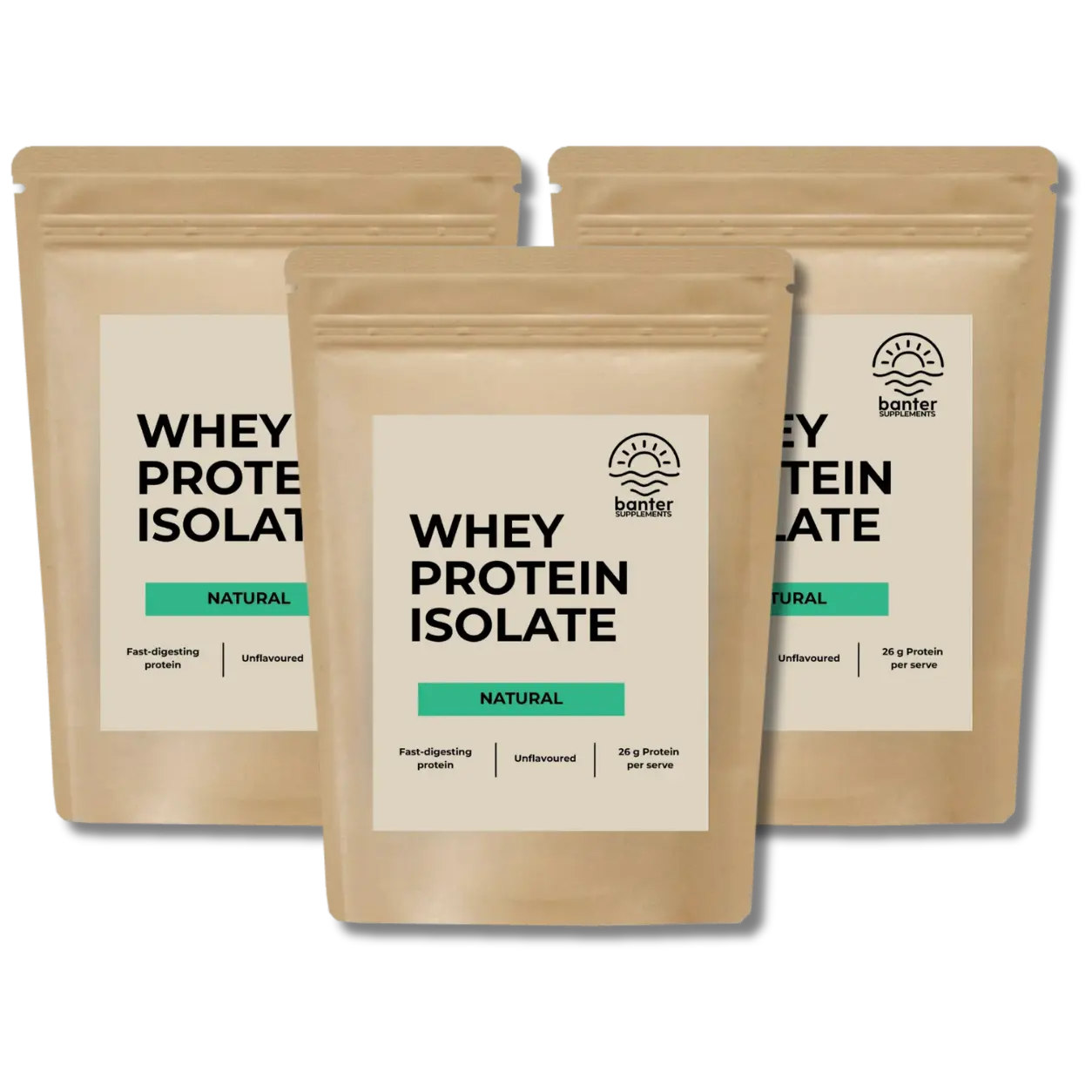 Banter Supplements Whey Protein Isolate Natural Unflavoured 3 x 1kg bundle with fast-digesting whey protein.