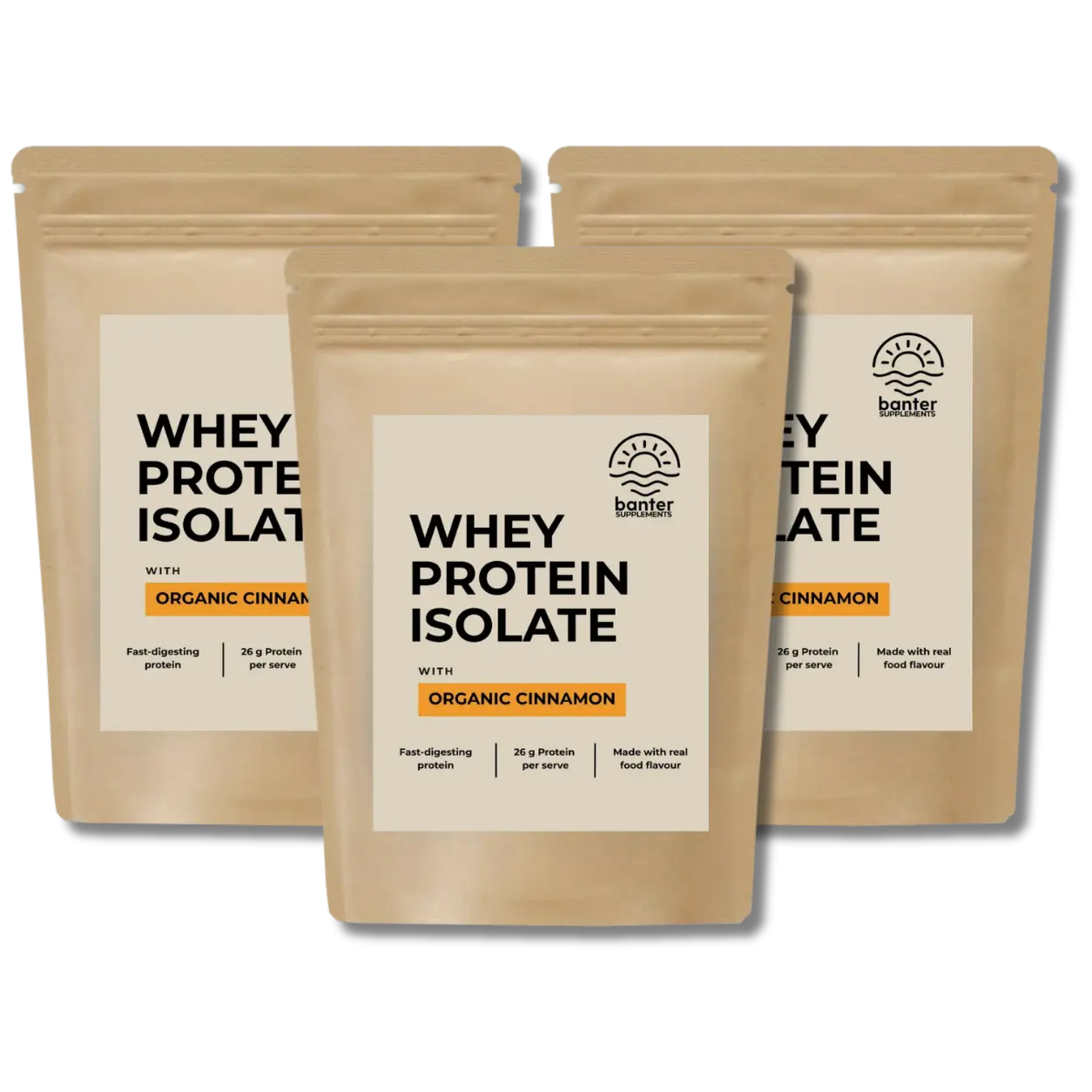 Banter Supplements Whey Protein Isolate Organic Cinnamon 3 x 1kg bundle made with real organic cinnamon.