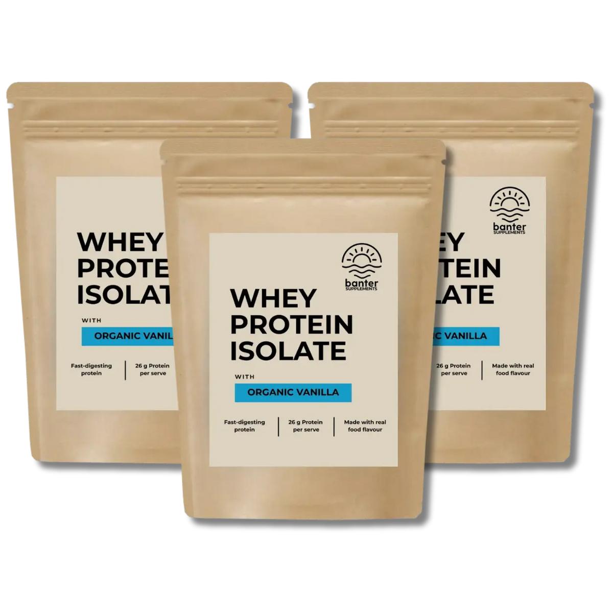 Banter Supplements Whey Protein Isolate Organic Vanilla 3 x 1kg bundle made with real organic vanilla flavour.