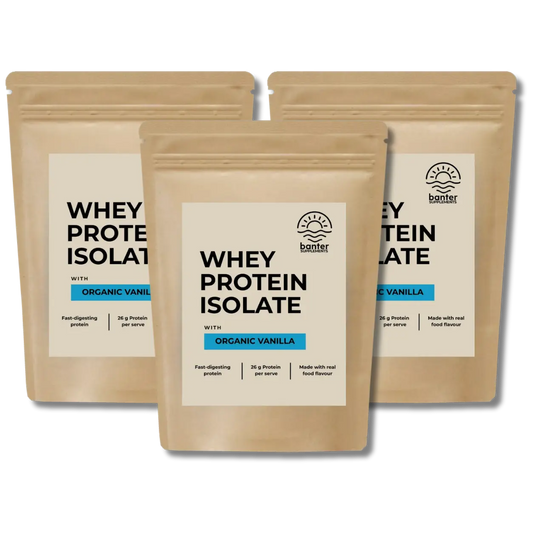 Banter Supplements Whey Protein Isolate Organic Vanilla 3 x 1kg bundle made with real organic vanilla flavour.
