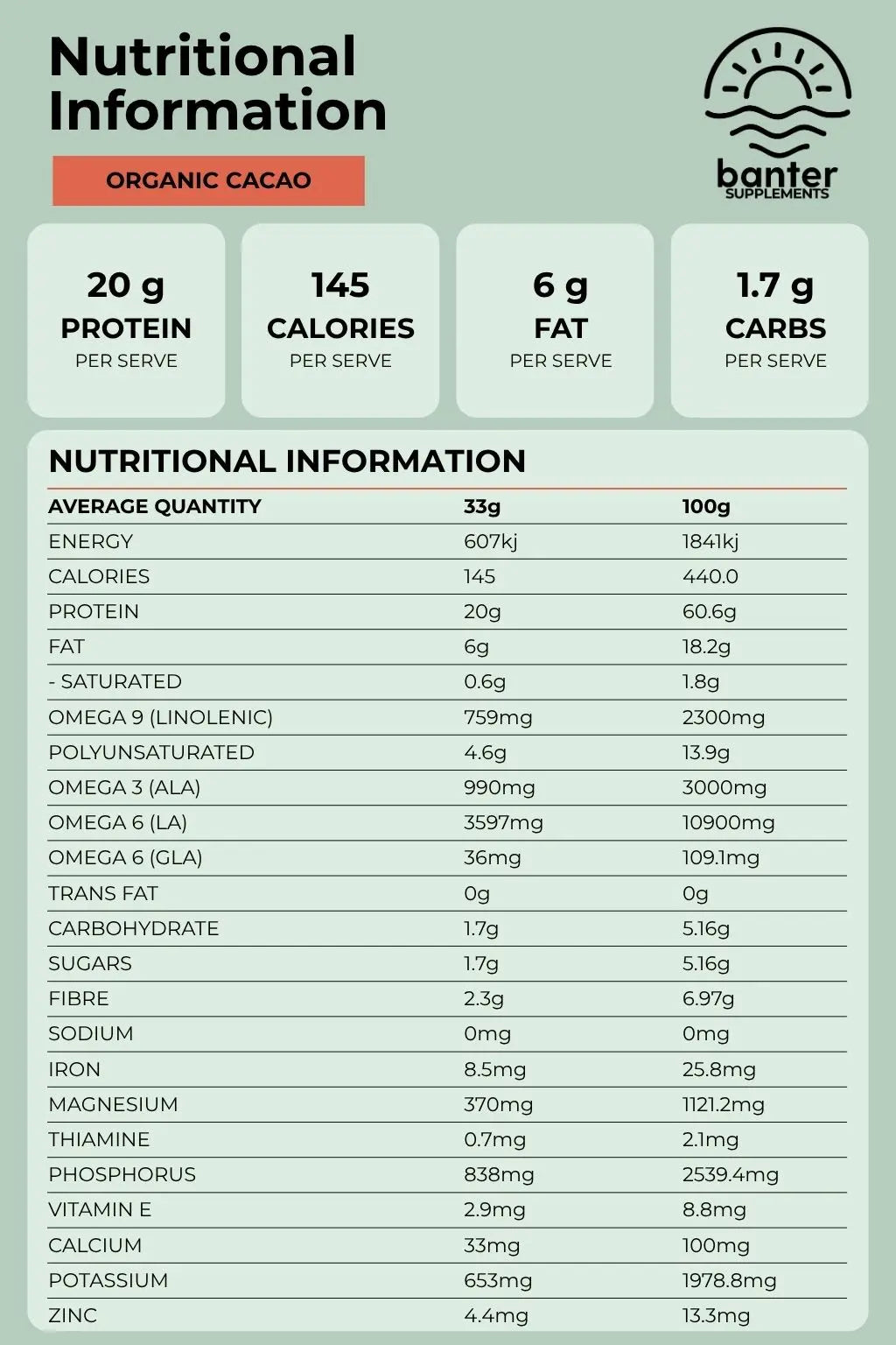 Nutrition information for Banter Supplements Organic Vegan Protein Cacao, including 20g protein per serve and key vitamins, minerals and omega fatty acids.
