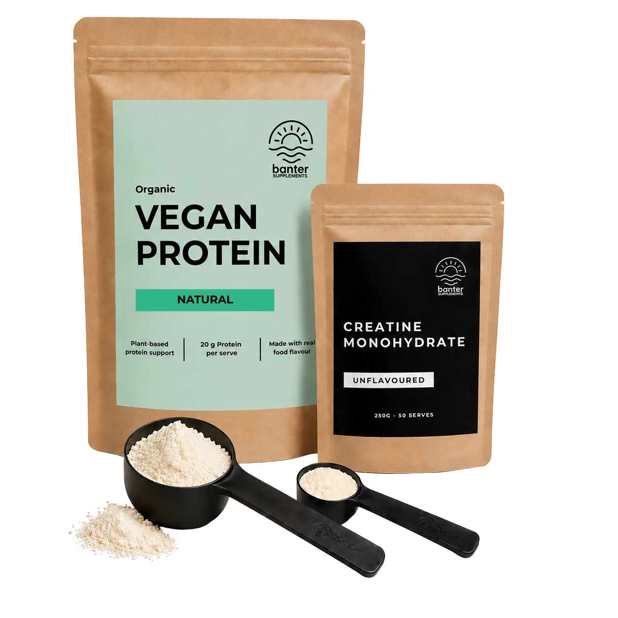 Banter Organic Vegan Protein NaturalStarter Pack including 1kg hemp protein unf, 250g creatine monohydrate, protein scoop and creatine scoop.avoured 