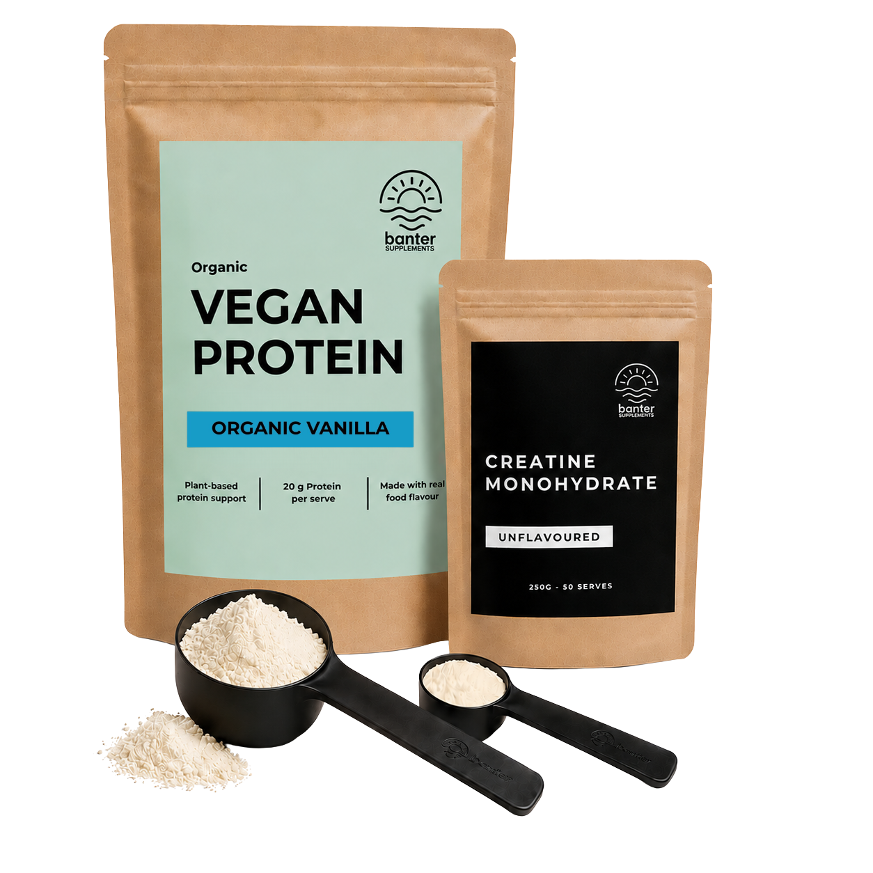 Banter Organic Vegan Protein Vanilla Starter Pack including 1kg hemp protein, 250g creatine monohydrate, protein scoop and creatine scoop.