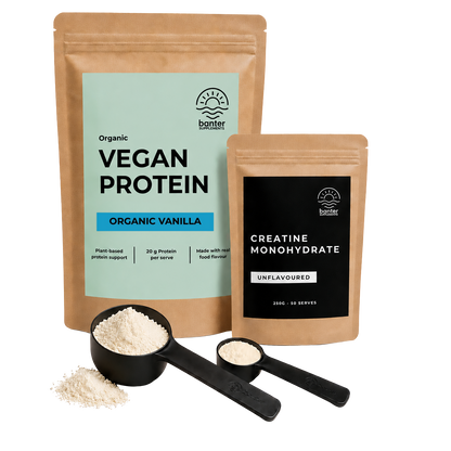 Banter Organic Vegan Protein Vanilla Starter Pack including 1kg hemp protein, 250g creatine monohydrate, protein scoop and creatine scoop.