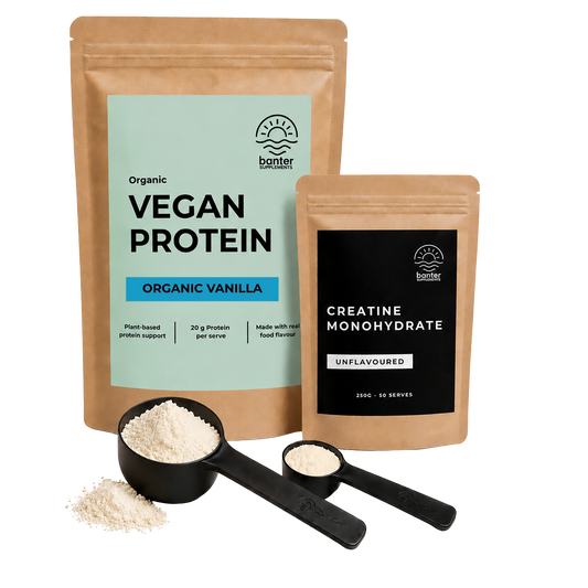 Banter Organic Vegan Protein Vanilla Starter Pack including 1kg hemp protein, 250g creatine monohydrate, protein scoop and creatine scoop.