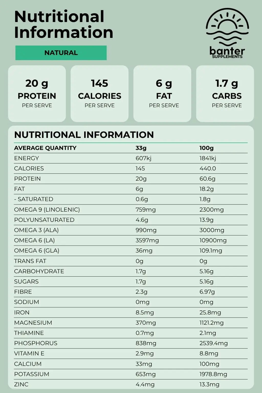 Nutrition information for Banter Supplements Organic Vegan Protein Natural, including 20g protein per serve and key vitamins, minerals and omega fatty acids.