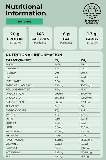 Nutrition information for Banter Supplements Organic Vegan Protein Natural, including 20g protein per serve and key vitamins, minerals and omega fatty acids.