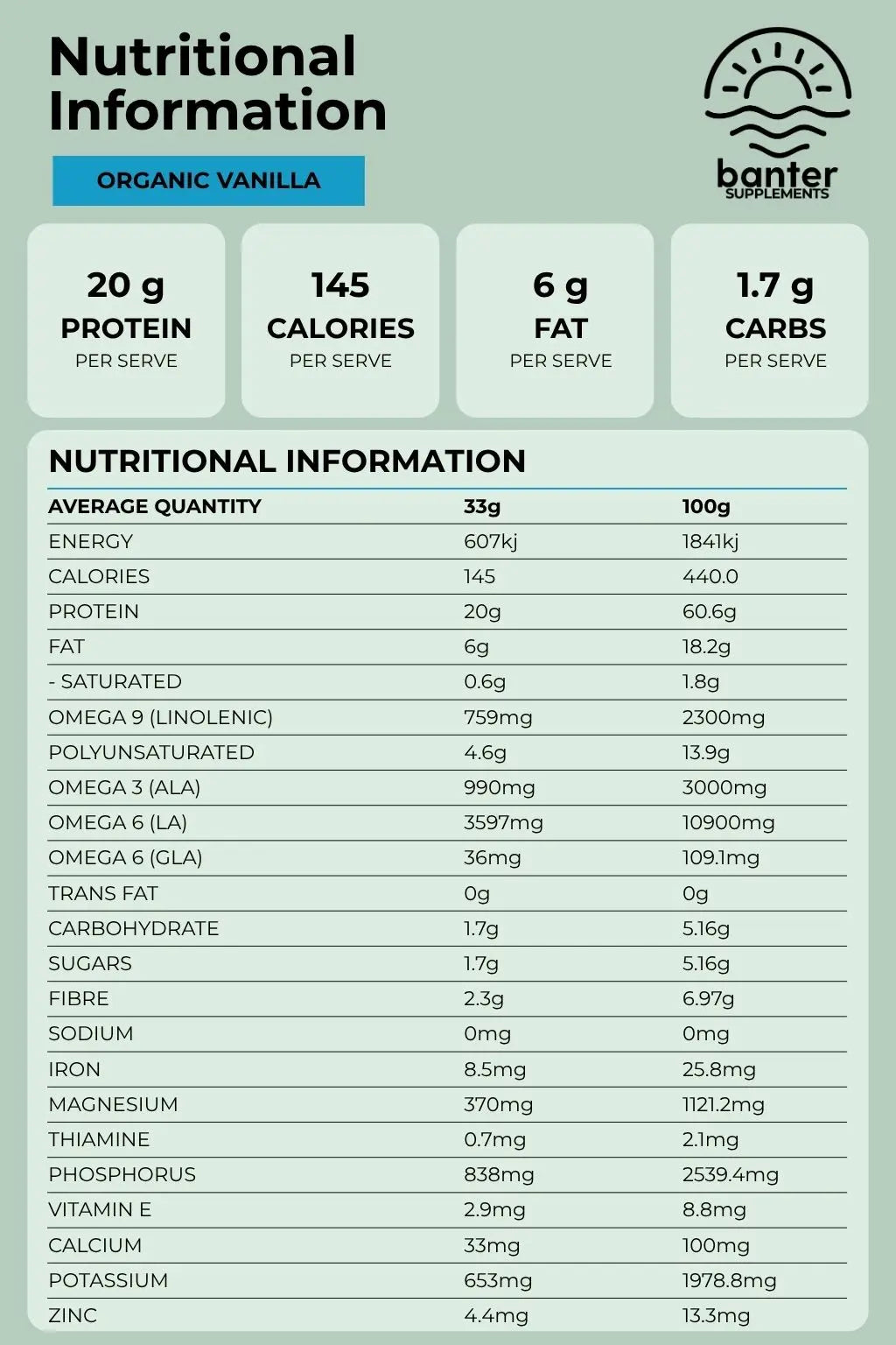 Nutrition information for Banter Supplements Organic Vegan Protein Vanilla, including 20g protein per serve and key vitamins, minerals and omega fatty acids.
