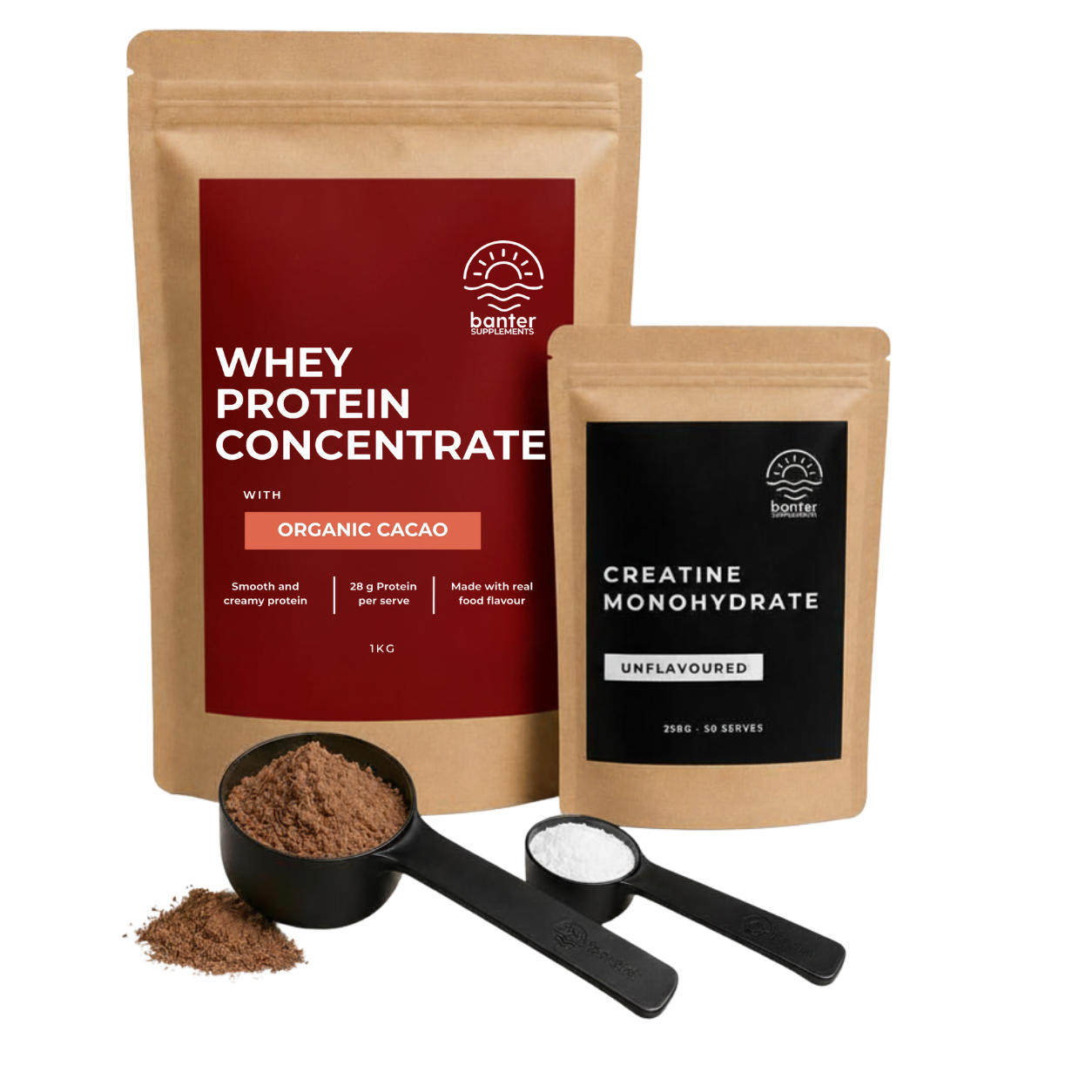 Banter Whey Protein Concentrate Organic Cacao Starter Pack including 1kg whey protein, 250g creatine monohydrate, protein scoop and creatine scoop.