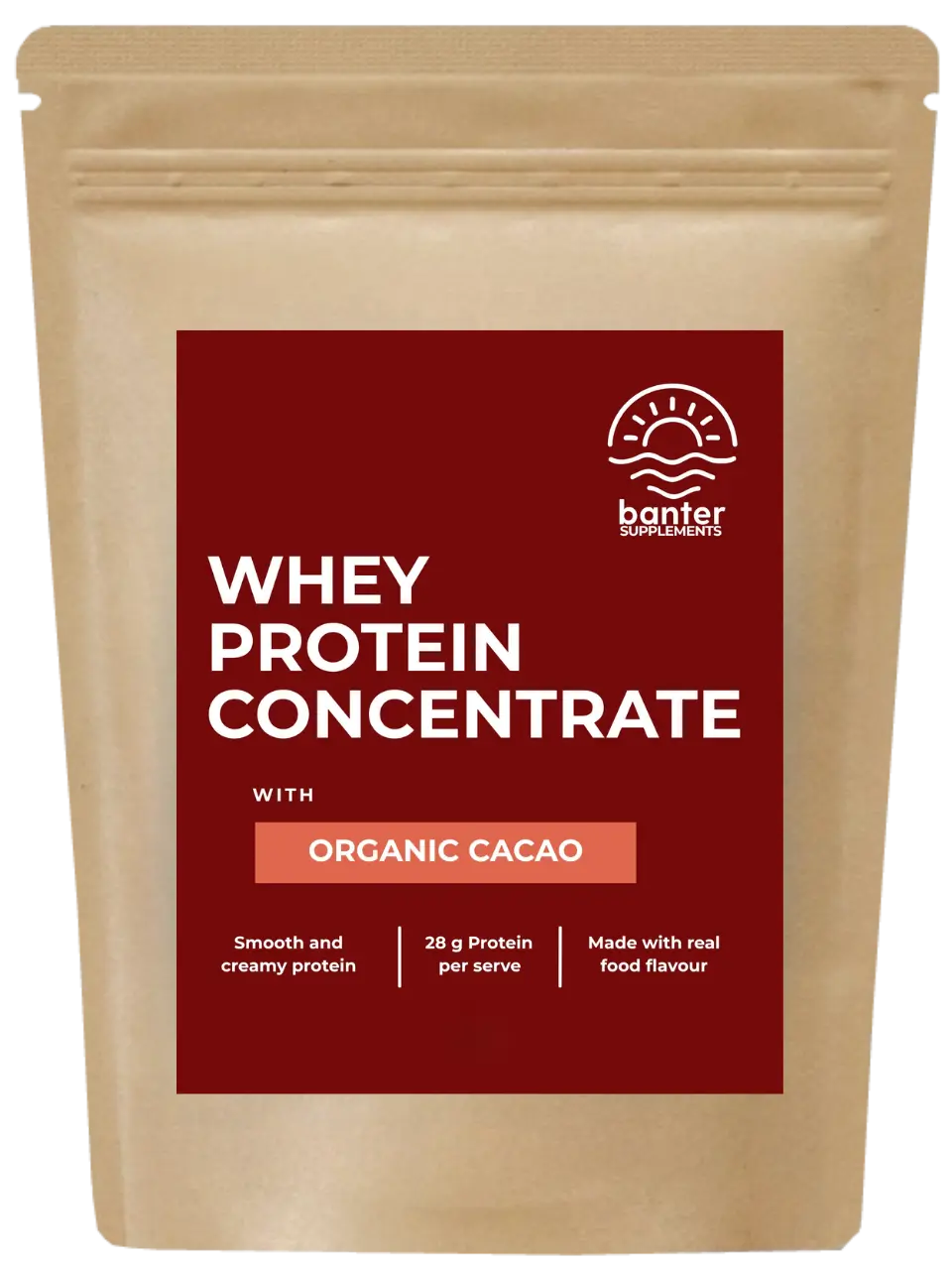 Banter Supplements Whey Protein Concentrate Cacao pouch.