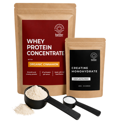 Banter Whey Protein Concentrate Organic Cinnamon Starter Pack including 1kg whey protein, 250g creatine monohydrate, protein scoop and creatine scoop.