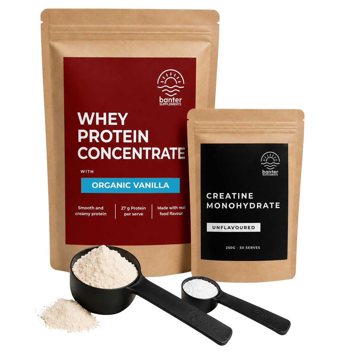 Banter Whey Protein Concentrate Organic Vanilla Starter Pack including 1kg whey protein, 250g creatine monohydrate, protein scoop and creatine scoop.