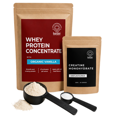 Banter Whey Protein Concentrate Organic Vanilla Starter Pack including 1kg whey protein, 250g creatine monohydrate, protein scoop and creatine scoop.