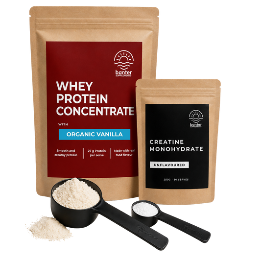 Banter Whey Protein Concentrate Organic Vanilla Starter Pack including 1kg whey protein, 250g creatine monohydrate, protein scoop and creatine scoop.