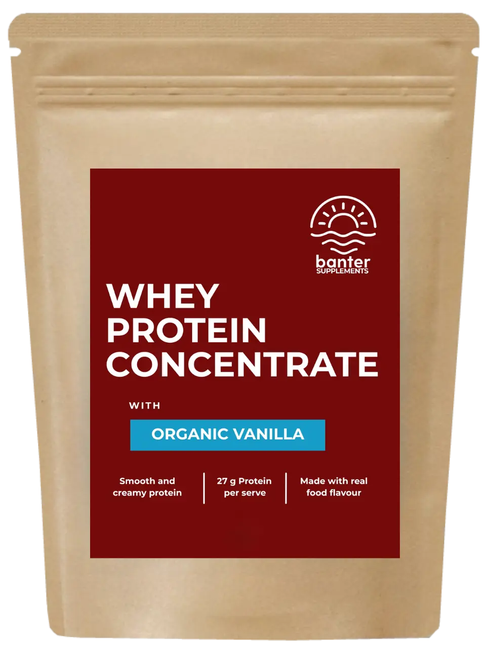 Banter Supplements Whey Protein Concentrate Vanilla 1kg pouch.