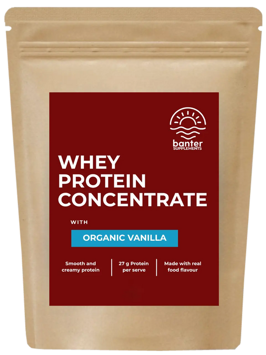 Banter Supplements Whey Protein Concentrate Vanilla 1kg pouch.