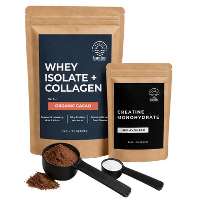 Banter Whey Protein Isolate plus Collagen Organic Chocolate Starter Pack including 1kg whey isolate plus collagen, 250g creatine monohydrate, protein scoop and creatine scoop.