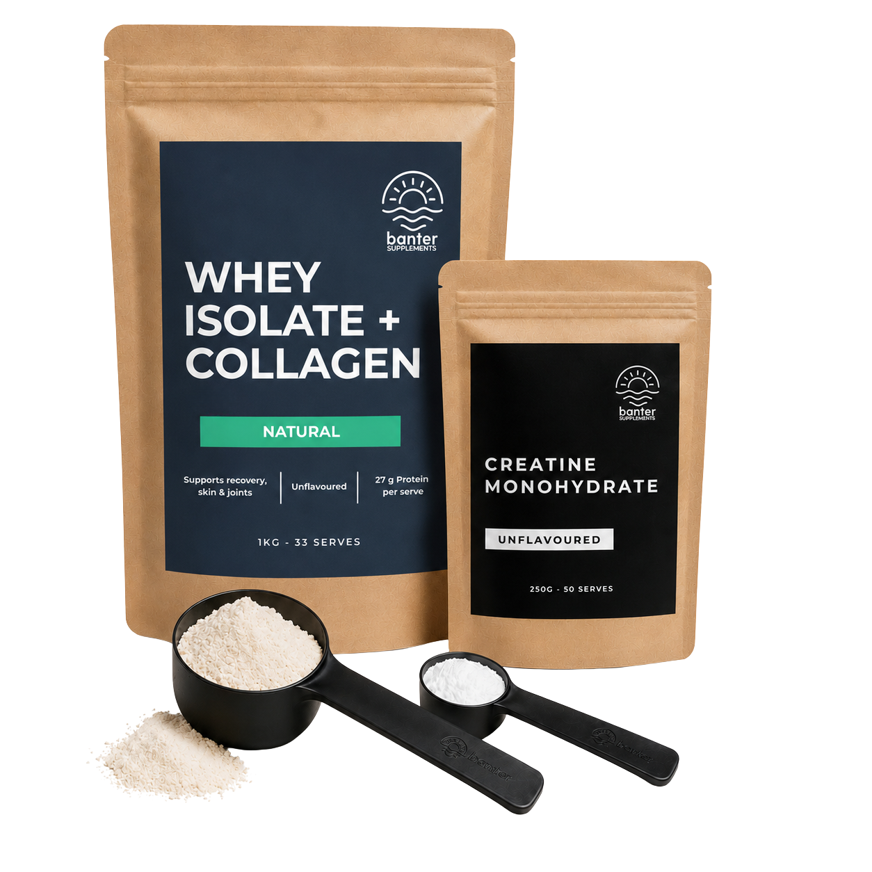 Banter Whey Protein Isolate plus Collagen Organic Natural (unflavoured) Starter Pack including 1kg whey isolate plus collagen, 250g creatine monohydrate, protein scoop and creatine scoop.