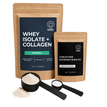 Banter Whey Protein Isolate plus Collagen Organic Natural (unflavoured) Starter Pack including 1kg whey isolate plus collagen, 250g creatine monohydrate, protein scoop and creatine scoop.