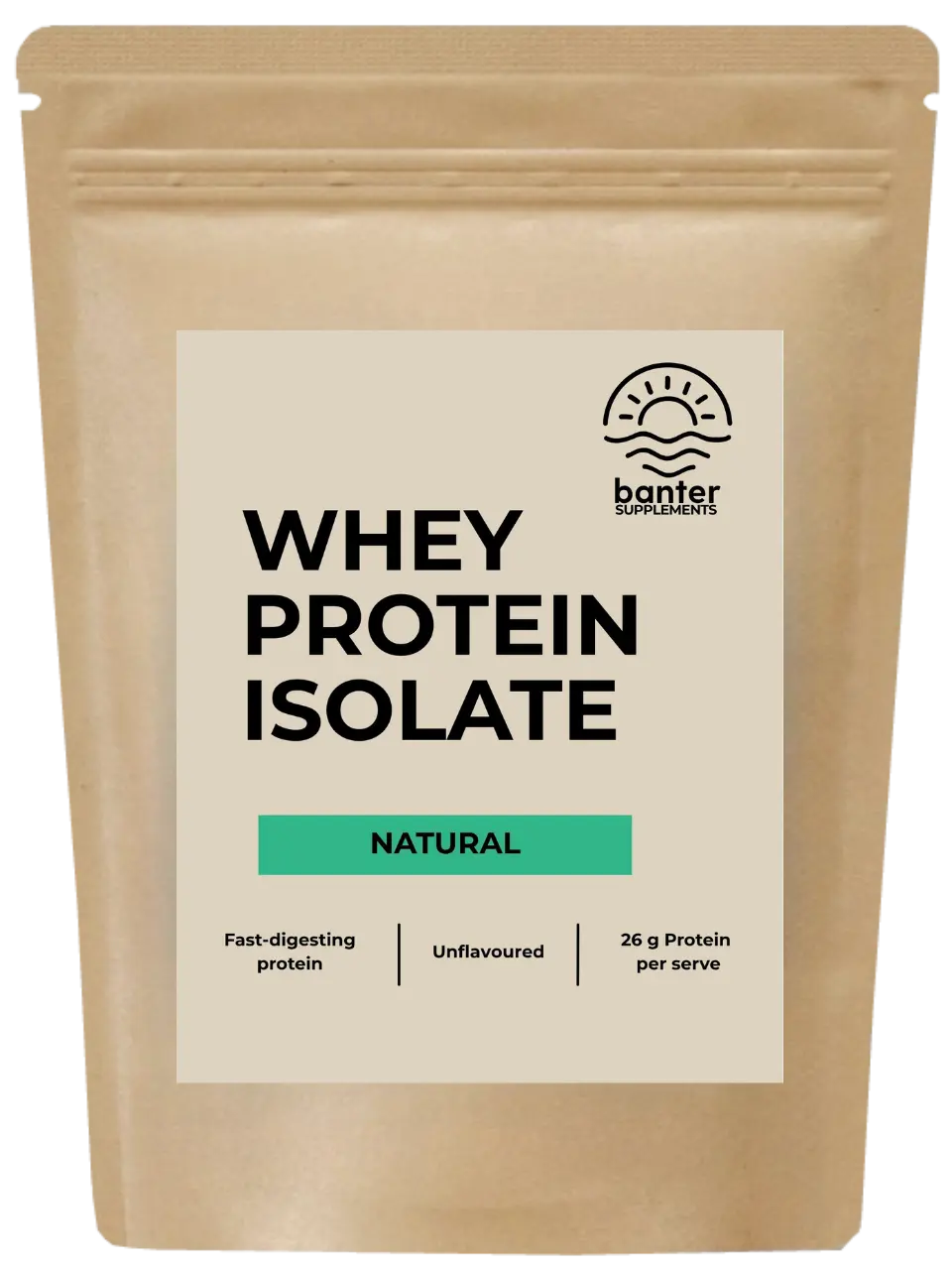Banter Supplements Whey Protein Isolate with Organic Natural (Unflavoured) 1kg pouch.