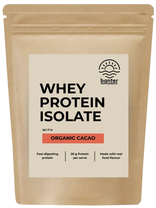 Banter Supplements Whey Protein Isolate with Organic Cacao 1kg pouch.
