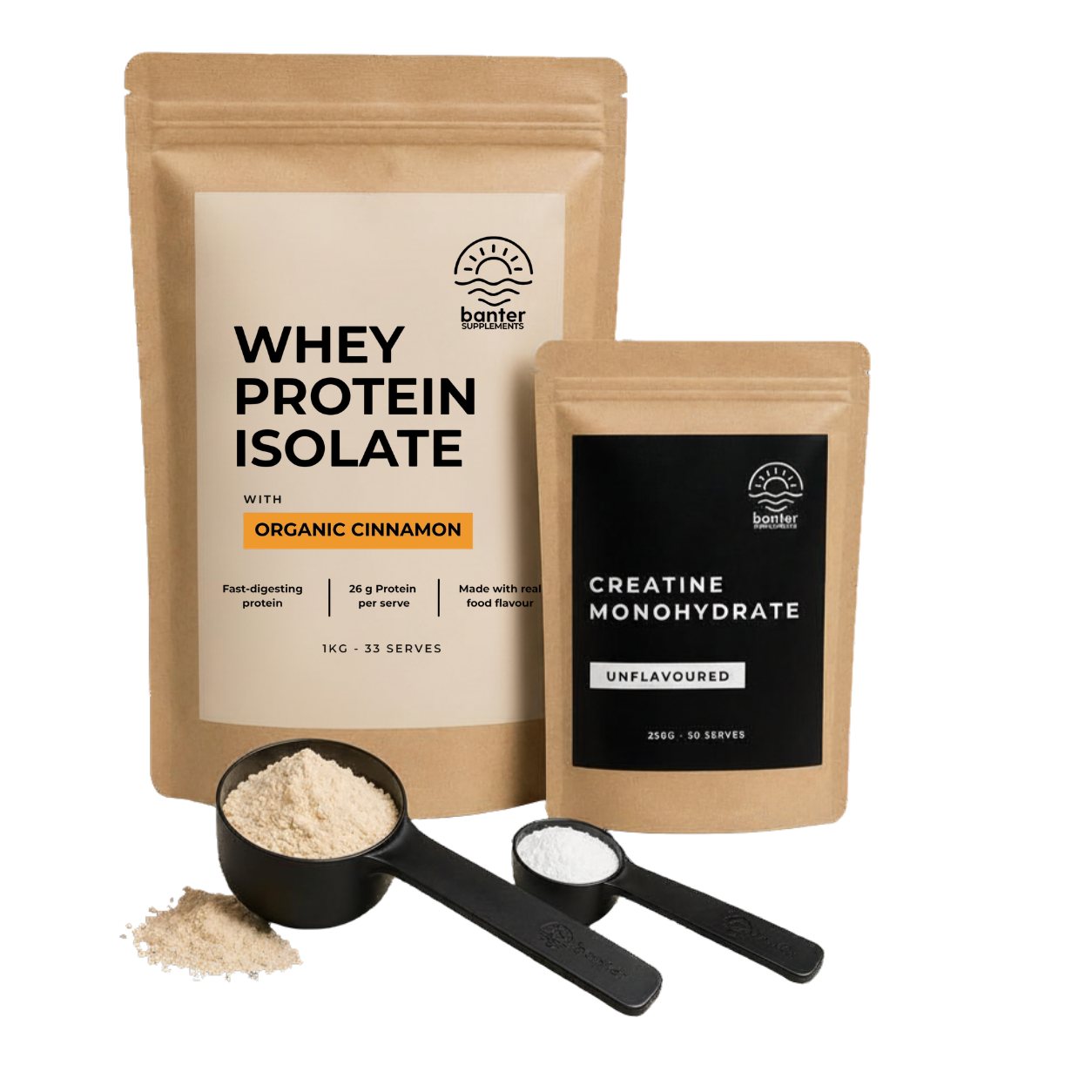 Banter Whey Protein Isolate Organic Cinnamon Starter Pack including 1kg whey protein, 250g creatine monohydrate, protein scoop and creatine scoop.